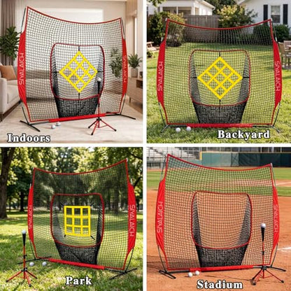 Portable Baseball and Softball Net, 7x7ft Hitting and Pitching Practice Net with Strike Zone, Includes Batting Tee, for Kids and Adults of All Skill Levels