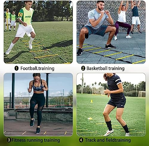 Speed Agility Ladder Training Set, Soccer Football Training Equipment Includes 12 Rung 20Ft Agility Ladder, 12 Disc Cones, 4 Steel Stakes, Resistance Parachute & Carry Bag