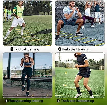 Speed Agility Ladder Training Set, Soccer Football Training Equipment Includes 12 Rung 20Ft Agility Ladder, 12 Disc Cones, 4 Steel Stakes, Resistance Parachute & Carry Bag