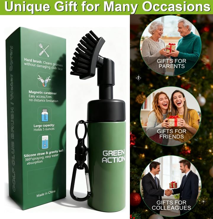 Golf Club Brush with Magnetic Clip & Water Sprayer - 5oz Capacity, Stiff Bristles for Deep Cleaning, Silicone Hose & Gravity Ball for Easy Use on Course - color: Green