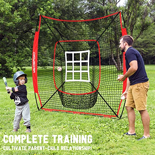 VAVOSPORT 7x7' Baseball Net Set - Portable Softball & Baseball Net, Batting Tee, Ball Caddy, Strike Zone, Training Equipment for Youth Practice