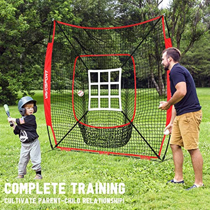 VAVOSPORT 7x7' Baseball Net Set - Portable Softball & Baseball Net, Batting Tee, Ball Caddy, Strike Zone, Training Equipment for Youth Practice