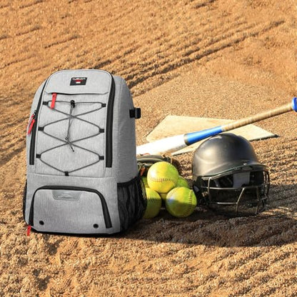 Baseball Backpack, Baseball Bag for Youth, Softball Bat Bag with Shoes Compartment, Laptop Compartment & Holds 2 Bats, Small Baseball Bat Equipment Bags for Fence Hook, Glove Holder & Helmet - color: Gray