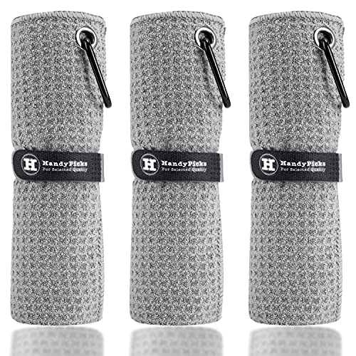 Handy Picks Microfiber Golf Towel (16" X 16") with Carabiner Clip, Waffle Pattern Golf Towel Hook and Loop Fastener - The Convenient Golf Cleaning Towel - color: Grey