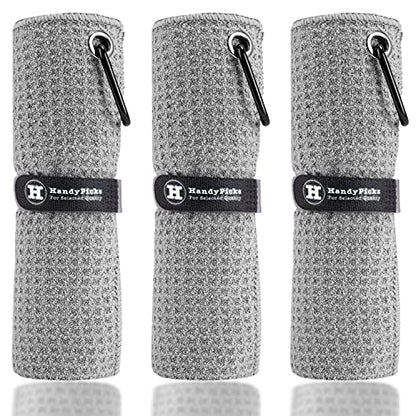 Handy Picks Microfiber Golf Towel (16" X 16") with Carabiner Clip, Waffle Pattern Golf Towel Hook and Loop Fastener - The Convenient Golf Cleaning Towel - color: Grey