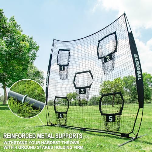 BaseGoal Football Nets for Throwing,Football Target,Quarterback Training Equipment with 5 Target Pockets for Improving Football Accuracy Throwing-8 x 8 ft or 7 x 7 ft Nets - color: 7 x 7 Ft Black + Ball