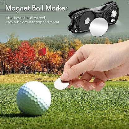 Skylety 4 Pcs Golf Divot Repair Tool Metal Foldable Golf Divot Tool with Magnetic Pop-up Button Ball Marker Stainless Steel Switchblade for Golfers Prizes - color: Black