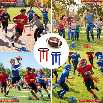 Flag Football Set for 14 Players, Complete 7v7 Game Flag Football Belts Set with Adjustable Belts, Size 6 Ball, Cones & Bag, Perfect for Family Reunions, School P.E. & Recreational Sports