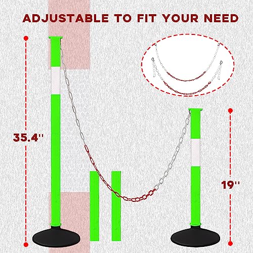 4 Pack Traffic Delineator Post Cones with Weighted Base & Reflective Collars, Adjustable Green Safety Barrier with Plastic Chains for Parking Lot Driveway Road - color: Green