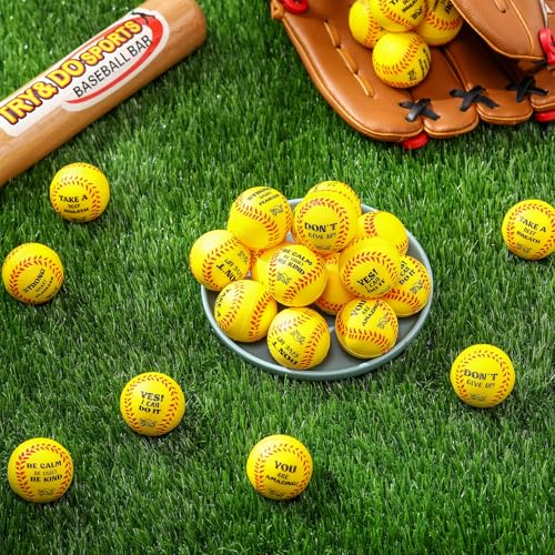 Blulu 30 Pieces Mini Softball Stress Balls with Motivational Quotes Baseball Party Favors Sport Squeeze Foam Balls Yellow Baseball Fidget Toys for Anxiety Relief Birthday Gift Carnival Party Supplies