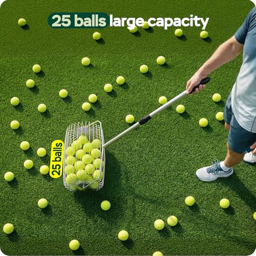 YooKoo Rolling Tennis Ball Picker, 29"–43" Adjustable Tennis Ball Hopper, Lightweight and Sturdy, Holds Up to 25 Balls, Quick Pickup of 1.5″–3″ Balls, Suitable for Training and Teaching