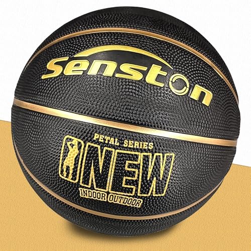 Senston 27.5''/29.5'' Outdoor Basketball Excellent Elasticity/Grip Rubber Basketballs with Pump, Durable Size 5/7 Men Basketball - color: Black/Gold, size: 29.5''(size 7)