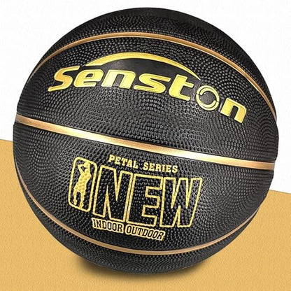 Senston 27.5''/29.5'' Outdoor Basketball Excellent Elasticity/Grip Rubber Basketballs with Pump, Durable Size 5/7 Men Basketball - color: Black/Gold, size: 29.5''(size 7)