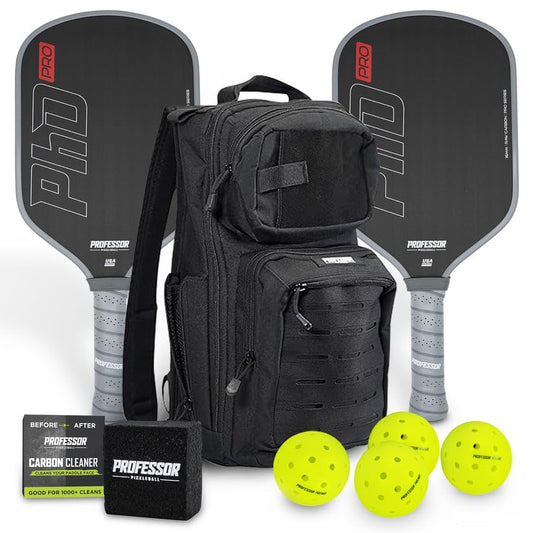 Professor PhD Raw Carbon Fiber Premium Pickleball Paddle Racket - USA Pickleball Approved - Honeycomb Core - Power & Control - color: PHD Pro Bundle - Backpack Set