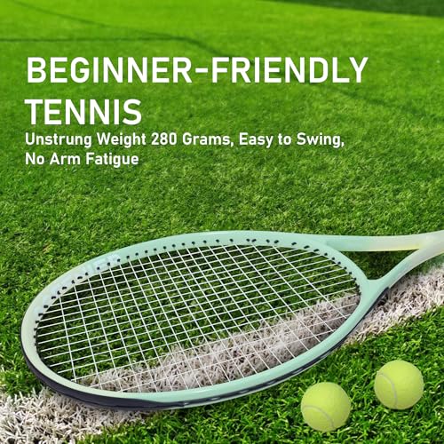 27 Inch Adult Tennis Racket Set, Pre-Strung Beginners Tennis Racquet, Lightweight and Recreational Aluminum Rackets with Overgrip, Tennis Balls and Tennis Bag for Men Women - color: Light Green