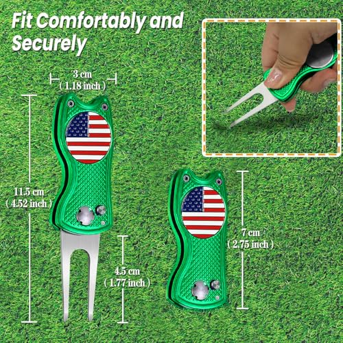 FINGER TEN Golf Divot Repair Tool and Ball Marker Switchblade Value Pack, Foldable Magnetic Stainless Steel with Pop-up Button for Men Women - color: 2 in Green+2 Ball Marker