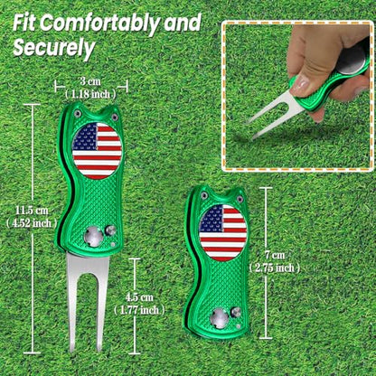 FINGER TEN Golf Divot Repair Tool and Ball Marker Switchblade Value Pack, Foldable Magnetic Stainless Steel with Pop-up Button for Men Women - color: 2 in Green+2 Ball Marker