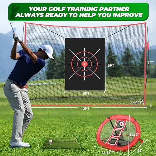 FAHKNS Golf Net, 10 x 7FT Heavy Duty Golf Practice Net with Chipping Practice Net, Golf Practice Net, Training Net for Backyard Driving Chipping Indoor Outdoor Training