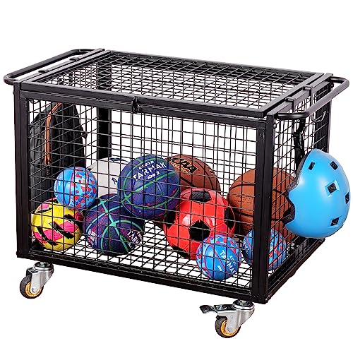 MyGift Black Metal Rolling Sports Ball Storage Cart for Playground, Dodge Ball, Basketball, Soccer Ball Gym Basket Equipment Cart with Lockable Latch, Caster Wheels and 4 Hooks
