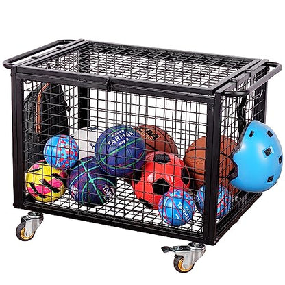 MyGift Black Metal Rolling Sports Ball Storage Cart for Playground, Dodge Ball, Basketball, Soccer Ball Gym Basket Equipment Cart with Lockable Latch, Caster Wheels and 4 Hooks