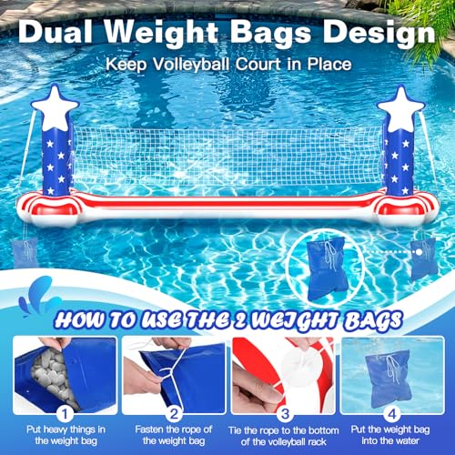 4th of July Pool Toys Games Set, 3 in 1 Inflatable Volleyball Net & Basketball Hoop, Large Water Floating Volleyball Toy Summer Party for Kids Teens Adults, American Flag 250th Anniversary