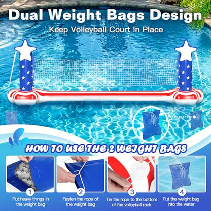4th of July Pool Toys Games Set, 3 in 1 Inflatable Volleyball Net & Basketball Hoop, Large Water Floating Volleyball Toy Summer Party for Kids Teens Adults, American Flag 250th Anniversary