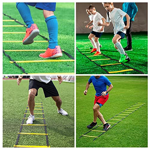 YEXEXINM Professional Agility Ladder Speed Training Equipment Set-20ft Agility Ladder,12 Soccer Cones, 4 Agility Hurdles, Running Parachute, Suitable for Soccer Football Basketball Training - color: yellow