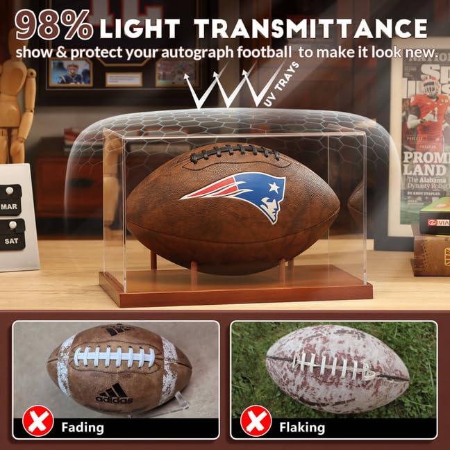 JupDec Football Display Case Full Size, Acrylic Clear Box with Wood Stand, UV Protected Memorabilia Holder, for Football Fans & Collectors, Sports Collectibles, No Assembly Required