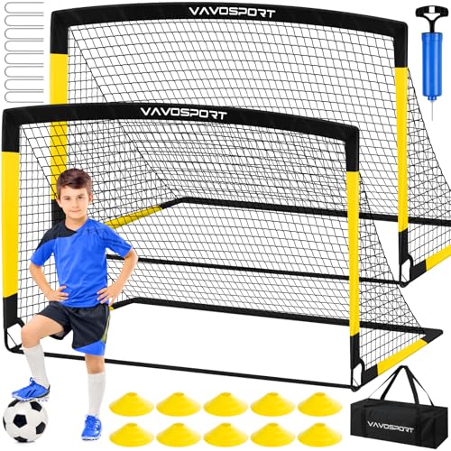 VAVOSPORT Kids Soccer Goals for Backyard Set, 2 of 4x3 / 6x4 ft Portable Soccer Goal Nets, Pop Up Mini Toddler Soccer Net Training Equipment & Ball, Cones for Ages 3-14, Outdoor Games Gifts for Kids - color: Black Yellow, style: 6 ft x 4 ft