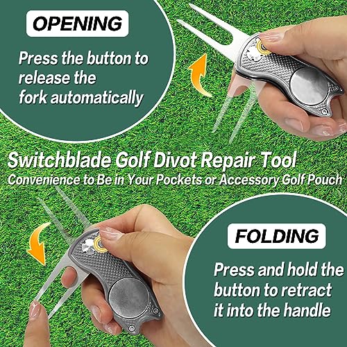 FINGER TEN Golf Divot Repair Tool and Ball Marker Switchblade Value Pack, Foldable Magnetic Stainless Steel with Pop-up Button for Men Women - color: Gray