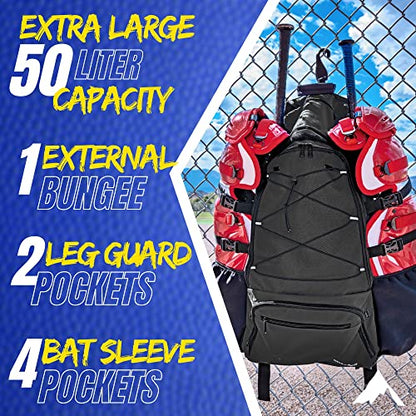 Athletico Dominator Baseball Bag - Softball Bat Bag with Shoes Compartment for Youth, Boys and Adult, Lightweight Baseball Bag with Fence Hook Hold TBall Bat, Batting Mitten, Helmet, Caps, Teeball Gear - color: Black