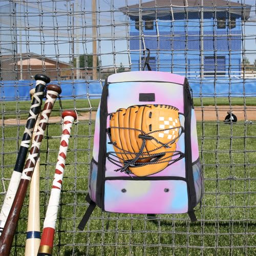 MATEIN Baseball Backpack, Softball Bat Bag with Shoes Compartment for Youth, Boys and Adult, Lightweight Baseball Bag with Fence Hook Hold TBall Bat, Batting Mitten, Helmet, Caps, Teeball Gear - color: Tie Dye, size: 29L