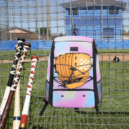 MATEIN Baseball Backpack, Softball Bat Bag with Shoes Compartment for Youth, Boys and Adult, Lightweight Baseball Bag with Fence Hook Hold TBall Bat, Batting Mitten, Helmet, Caps, Teeball Gear - color: Tie Dye, size: 29L