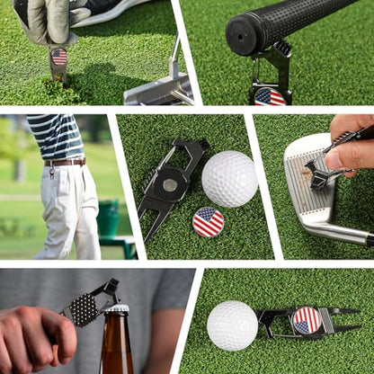 7-in-1 Golf Divot Tool with Ball Marker Value 2 Pack, Green Repair Tool Multi-Use Fixer for Pitch Mark with Clip, Premium Golf Accessories for Men Ladies