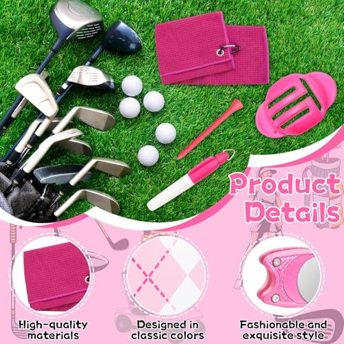 Golf Accessories Kit Golf Club Cleaning Kit Club Groove Cleaner Brush Divot Repair Tool Golf Towel with Clip Ball Bag with Hook Ball Alignment Kit Marking Pen Golf Gift Set Women - color: Hot Pink