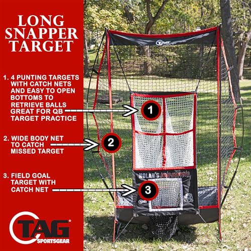 TAG Portable Football Kicking Net with Longsnapper Target, 4 Punting Targets, Ball Catch System, Sets Up in Minutes, No Tools Required with Travel Bag