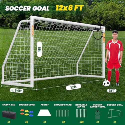 NAIZEA Soccer Goal - 12x6/10x6/8x6/6x4FT Soccer Goals for Backyard, Portable & Weatherproof HPVC Soccers Goal w/Soccer Net Durable Post for Adults & Youth Outdoor's Practice Training - size: 12x6 FT, style: Foldable