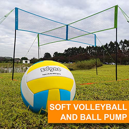 Zdgao 14 ft/20 ft 4-Way Volleyball and Badminton Combo Net with Soft Volleyball, Rubber Hammer and Carry Bag, Adjustable Height Four Square Volleyball Game Set for Backyard and Beach - color: 14FT BLUE & GREEN