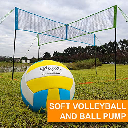 Zdgao 14 ft/20 ft 4-Way Volleyball and Badminton Combo Net with Soft Volleyball, Rubber Hammer and Carry Bag, Adjustable Height Four Square Volleyball Game Set for Backyard and Beach - color: 14FT BLUE & GREEN