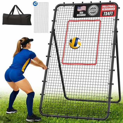 Volleyball Rebounder Net 7x4 FT, 5-Angle Adjustable Bounce Back Net, Steel Frame & PE Training Net for Volleying/Spiking, Rust-Resistant & Durable – w/Travel Bag, 2 NETS - color: Black