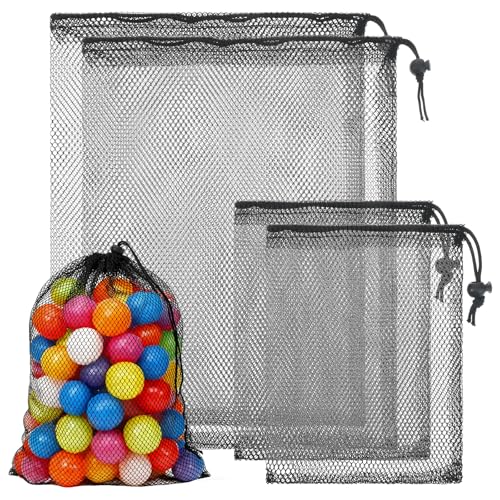 4 PCS Mesh Drawstring Bag, Black Nylon Mesh Ball Bag, Multipurpose Storage Bags for Collecting Half Balls, Tennis, Toys, Beach, Sports Gym, Travel