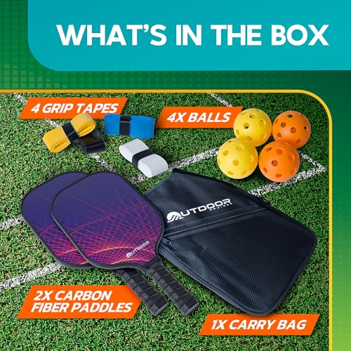 Outdoor Cruiser Pickleball Racket Set - Carbon Fiber USAPA Approved Lightweight Paddles with Polypropylene Honeycomb Core, Skill Levels, Includes 2 Rackets, a Sling Bag, 4 Balls, and 4 Grip Tapes