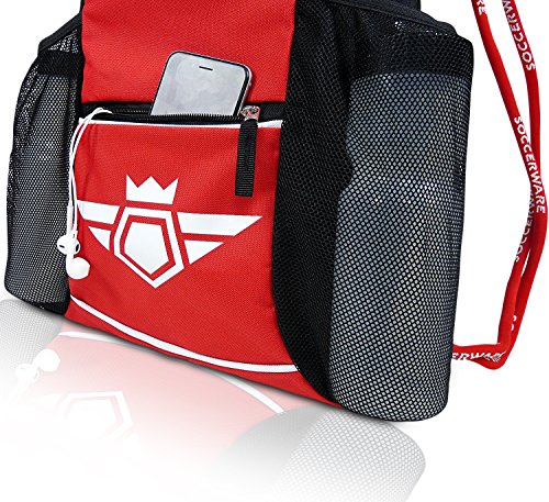 Soccerware Soccer Bag Backpack - Youth & Kids, Organize Sports Gym Equipment - Boys Girls - color: Red
