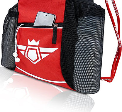Soccerware Soccer Bag Backpack - Youth & Kids, Organize Sports Gym Equipment - Boys Girls - color: Red
