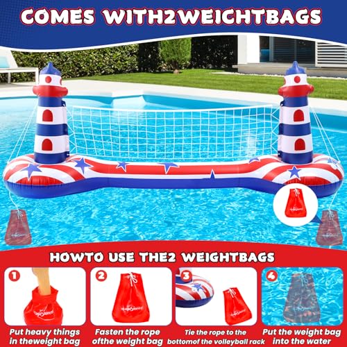 EagleStone Inflatable Pool Float Set with Volleyball Net & Basketball Hoop,2-in-1 Floating Water Games for Kids Adults, Backyard Beach Summer Toys, Heavy-Duty PVC Family Pool Party Essentials - color: Red