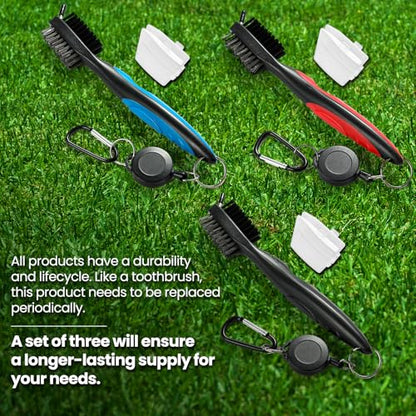 POIKSHARK Golf Club Brush and Club Groove Cleaner with Retractable Zip-line and Aluminum Carabiner Cleaning Tools - color: 3 Pack-Black/Red/Blue