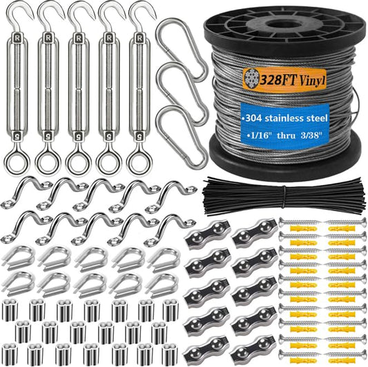 304 Stainless Steel Turnbuckle Kit, 328FT Coated Wire Rope. Heavy Duty & Anti-Rust for Outdoor Hanging, String Lights, Pictures, Decor. Easy Installation, All-Weather Use. - size: 100M-328FT