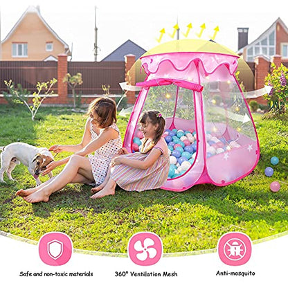 Princess Tent Girls Kids Playhouse Pop Up Play Tent with Star Light Tent for Kids Ball Pit Toys for 1,2,3 Years Girl Birthday Gift for Indoor Outdoor Toddler Girl Gift, Easy to Pop Up and Assemble - style: Tent with star lights