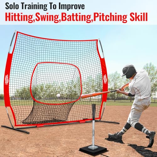 PLAYAPUT Baseball Batting Tee and Practice Net Combo for Batting, Hitting, Pitching,Throwing,6FT Baseball Net with Large Pocket Holds 50+Balls,Height Adjustable 25" to 37" Hitting Tee for All Players