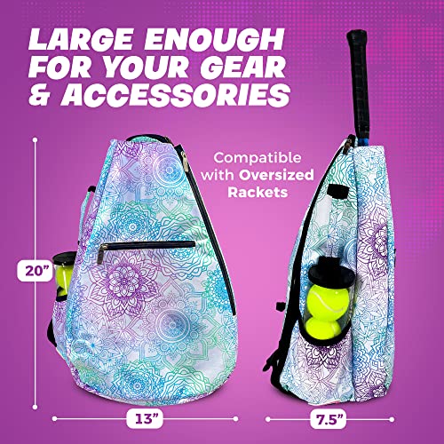 Womens Tennis Backpack - Taboo Fashions Ladies Tennis Bag Holds Two Racquets, Padded Straps and Side Carry Handle - color: White, Purple, Blue, Green